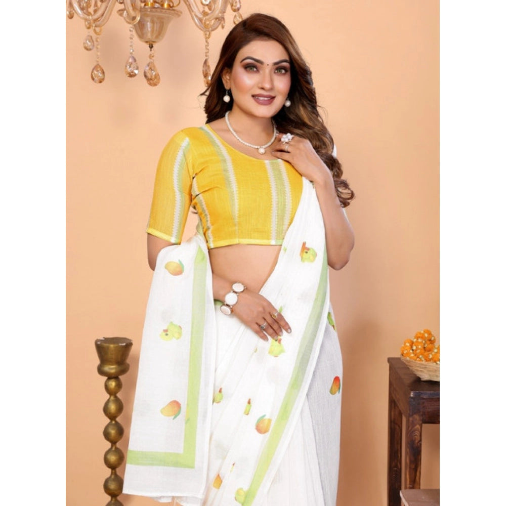 Women's Linen Cotton Printed Saree — White · 1958
