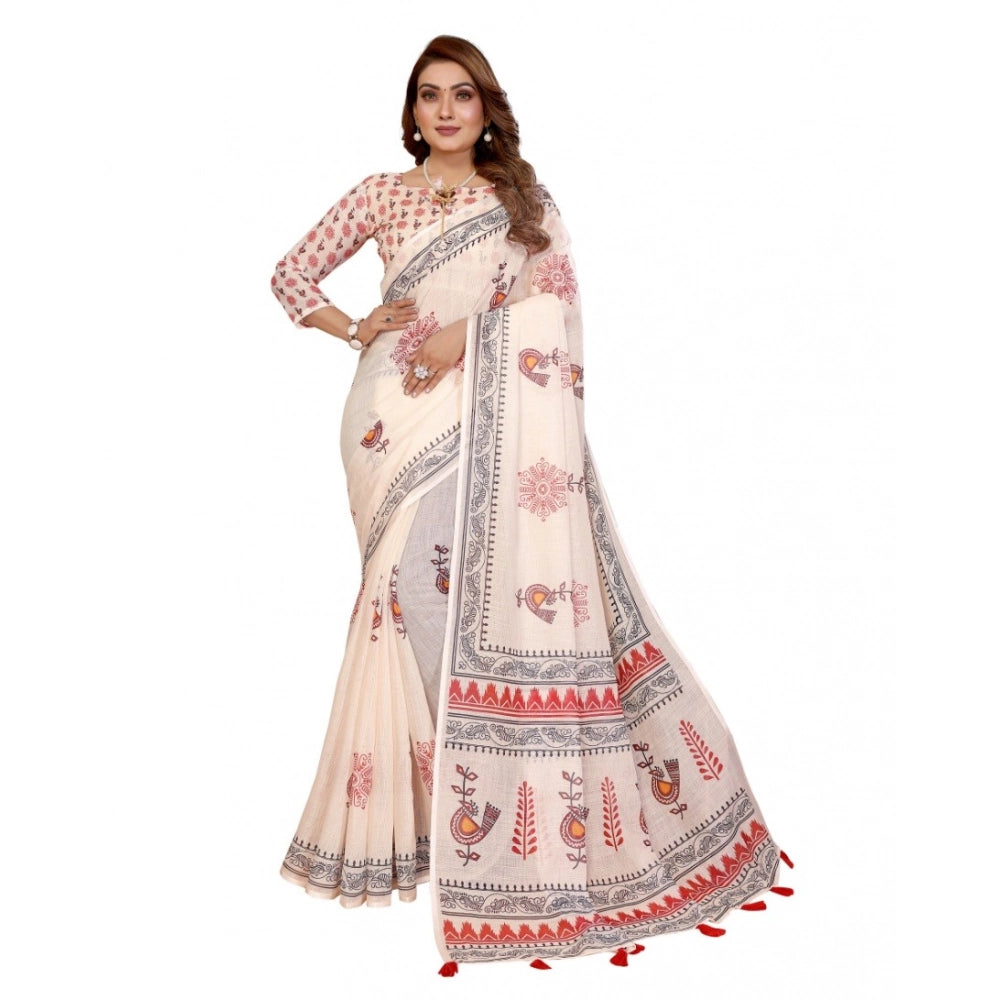 Women's Linen Cotton Printed Saree — Off White · 1959