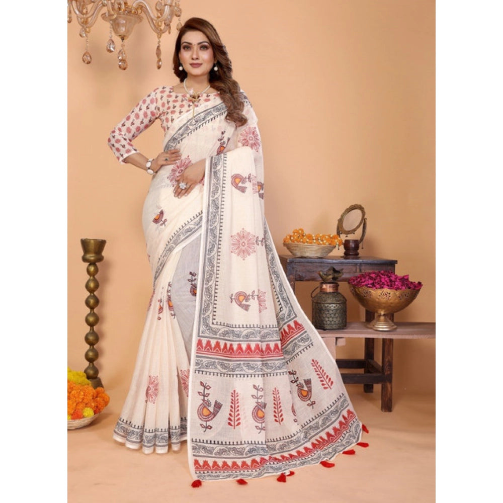 Women's Linen Cotton Printed Saree — Off White · 1959