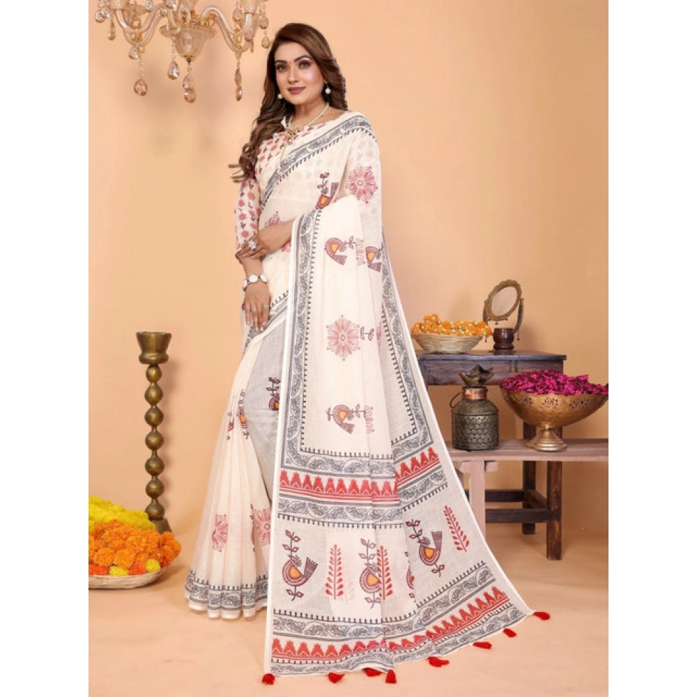 Women's Linen Cotton Printed Saree — Off White · 1959