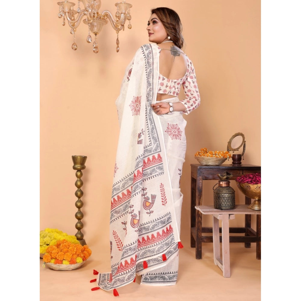 Women's Linen Cotton Printed Saree — Off White · 1959