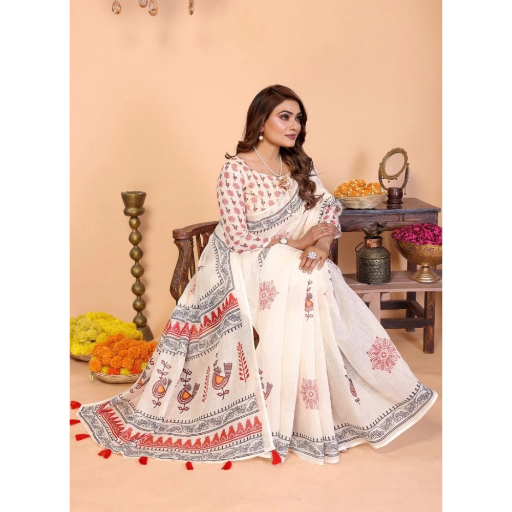 Women's Linen Cotton Printed Saree — Off White · 1959