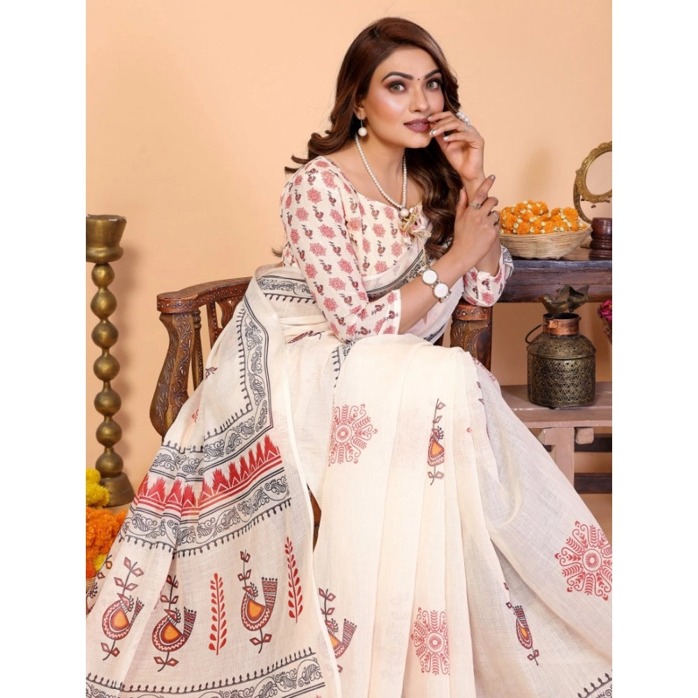 Women's Linen Cotton Printed Saree — Off White · 1959