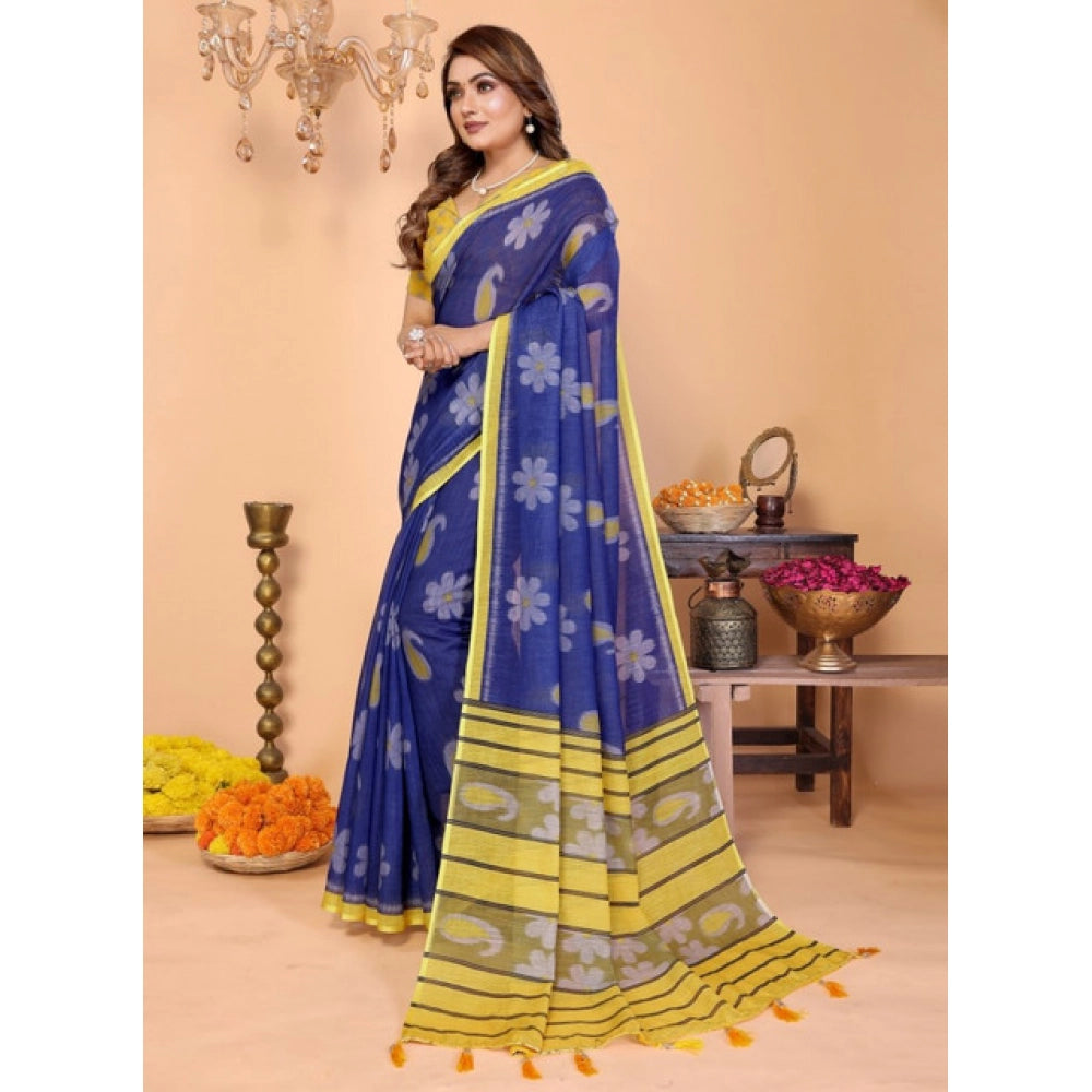 Women's Linen Cotton Printed Saree — Blue · 1960