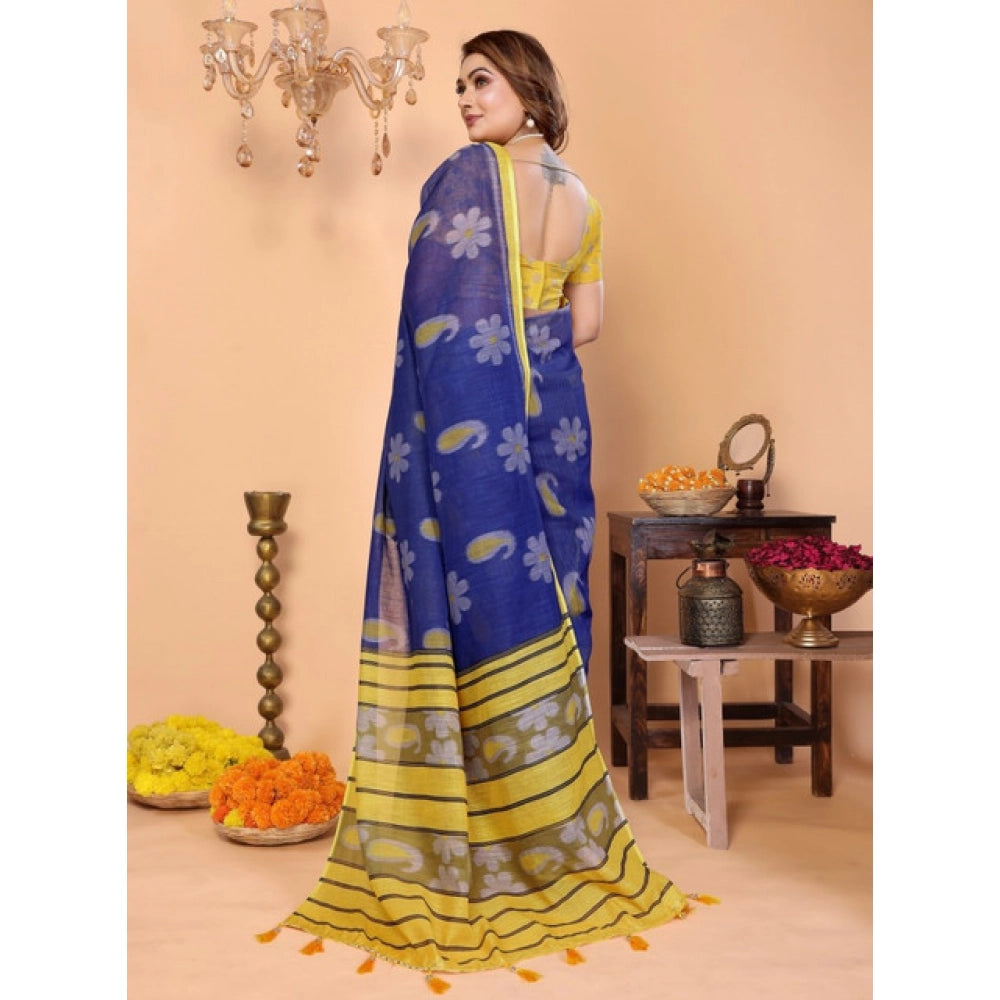 Women's Linen Cotton Printed Saree — Blue · 1960