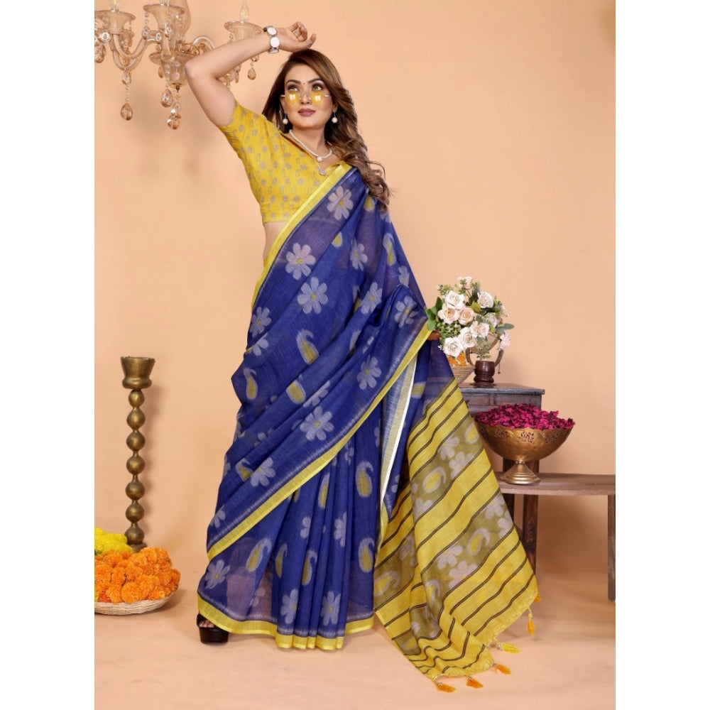Women's Linen Cotton Printed Saree — Blue · 1960