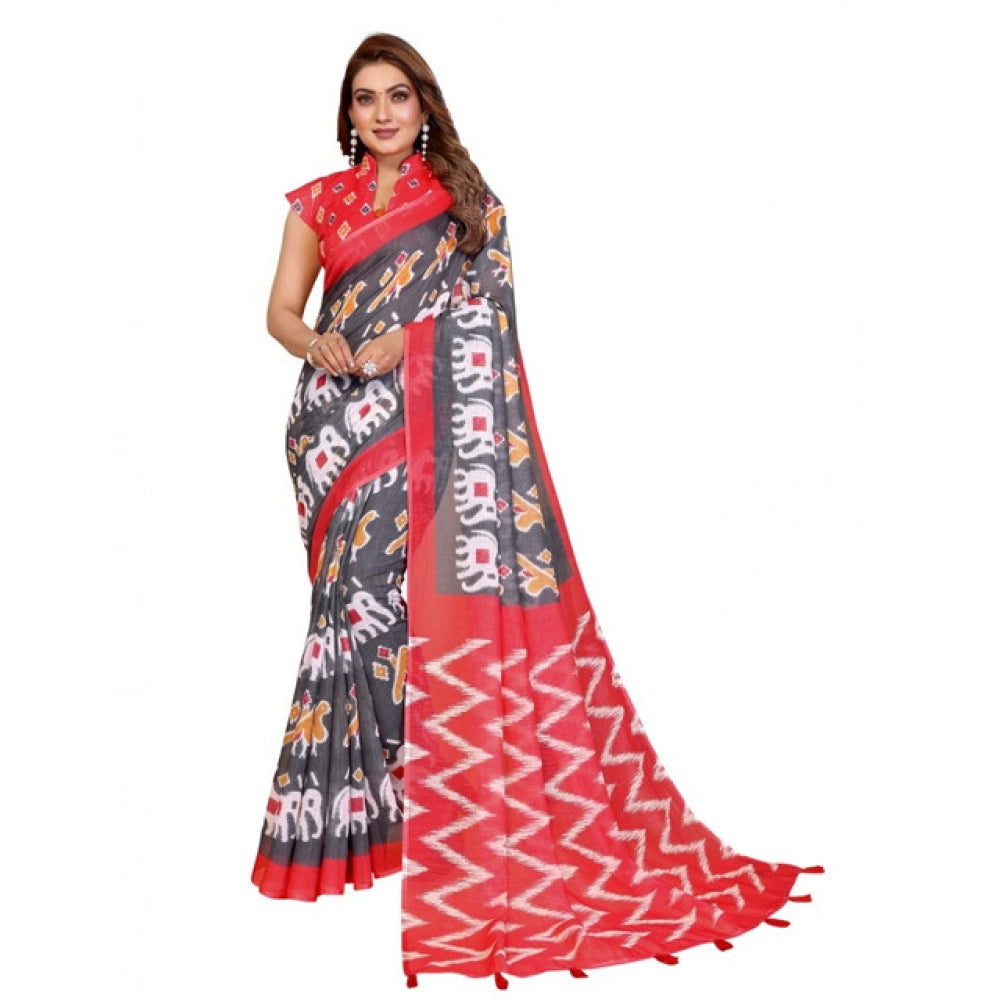 Women's Linen Cotton Printed Saree — Grey · 1961
