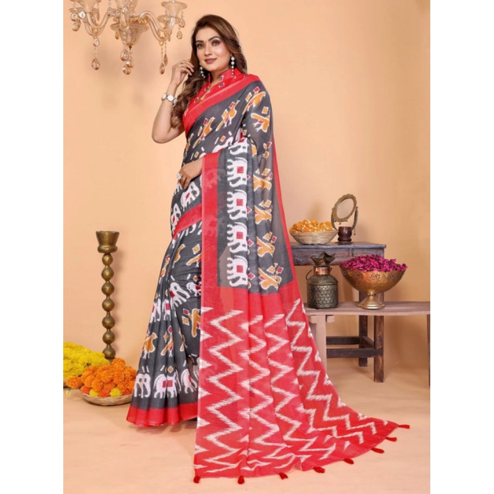 Women's Linen Cotton Printed Saree — Grey · 1961
