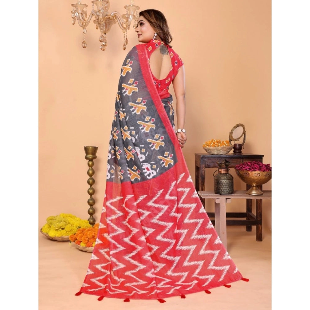 Women's Linen Cotton Printed Saree — Grey · 1961