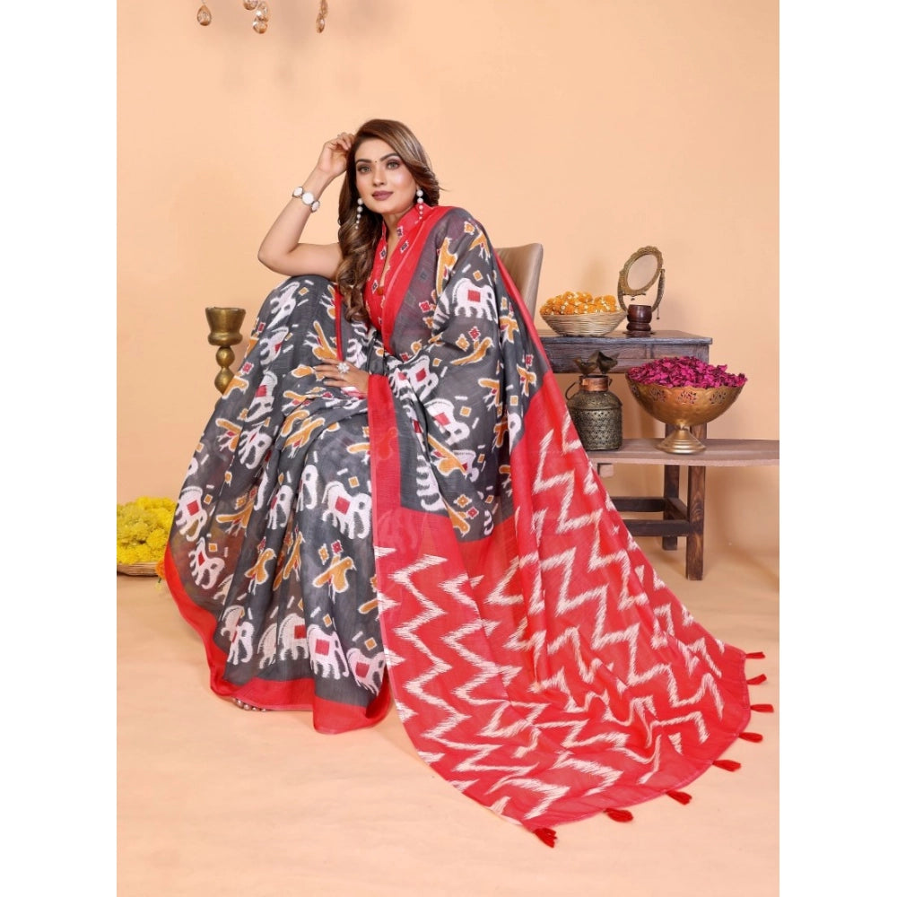 Women's Linen Cotton Printed Saree — Grey · 1961