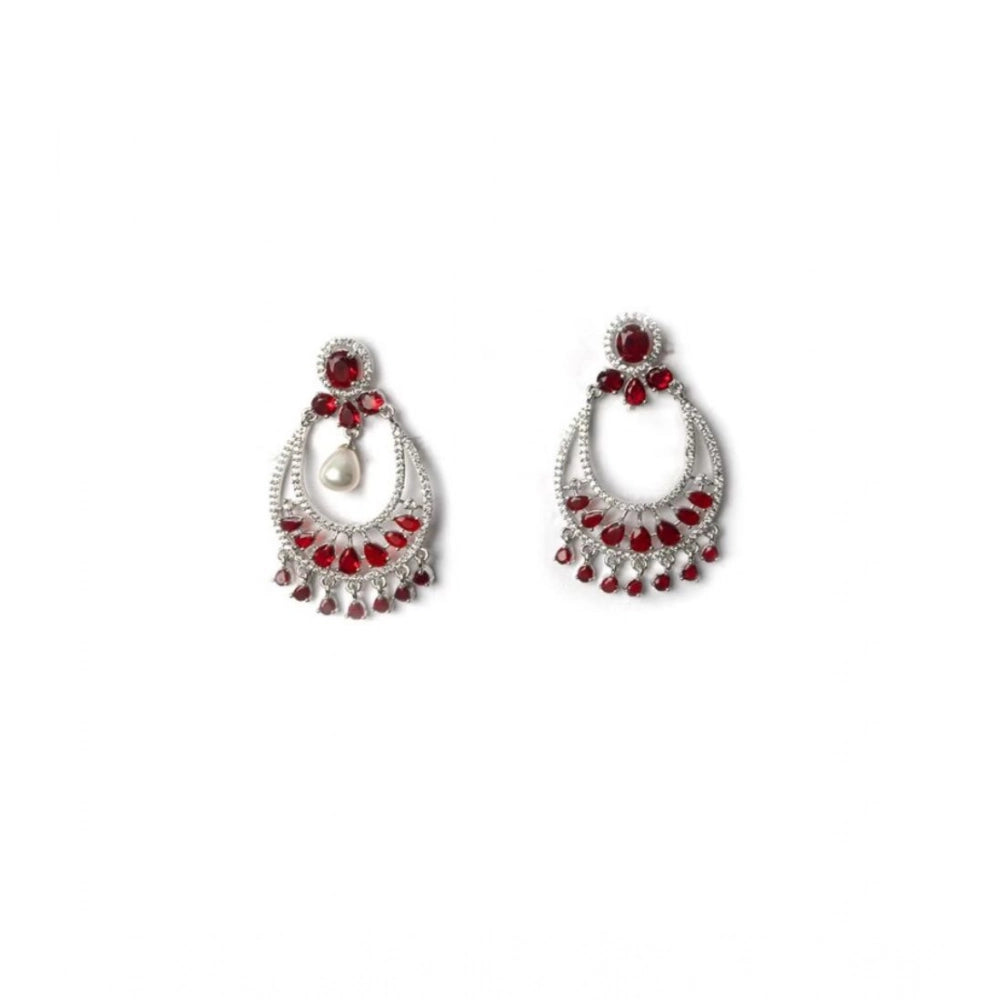 Women's Brass Silver Plated Chandbali Earrings — Red