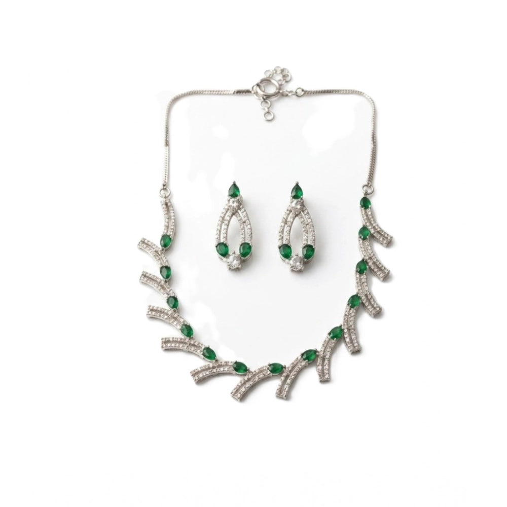 Women's Brass Silver Plated Necklace Set — Green · 2035