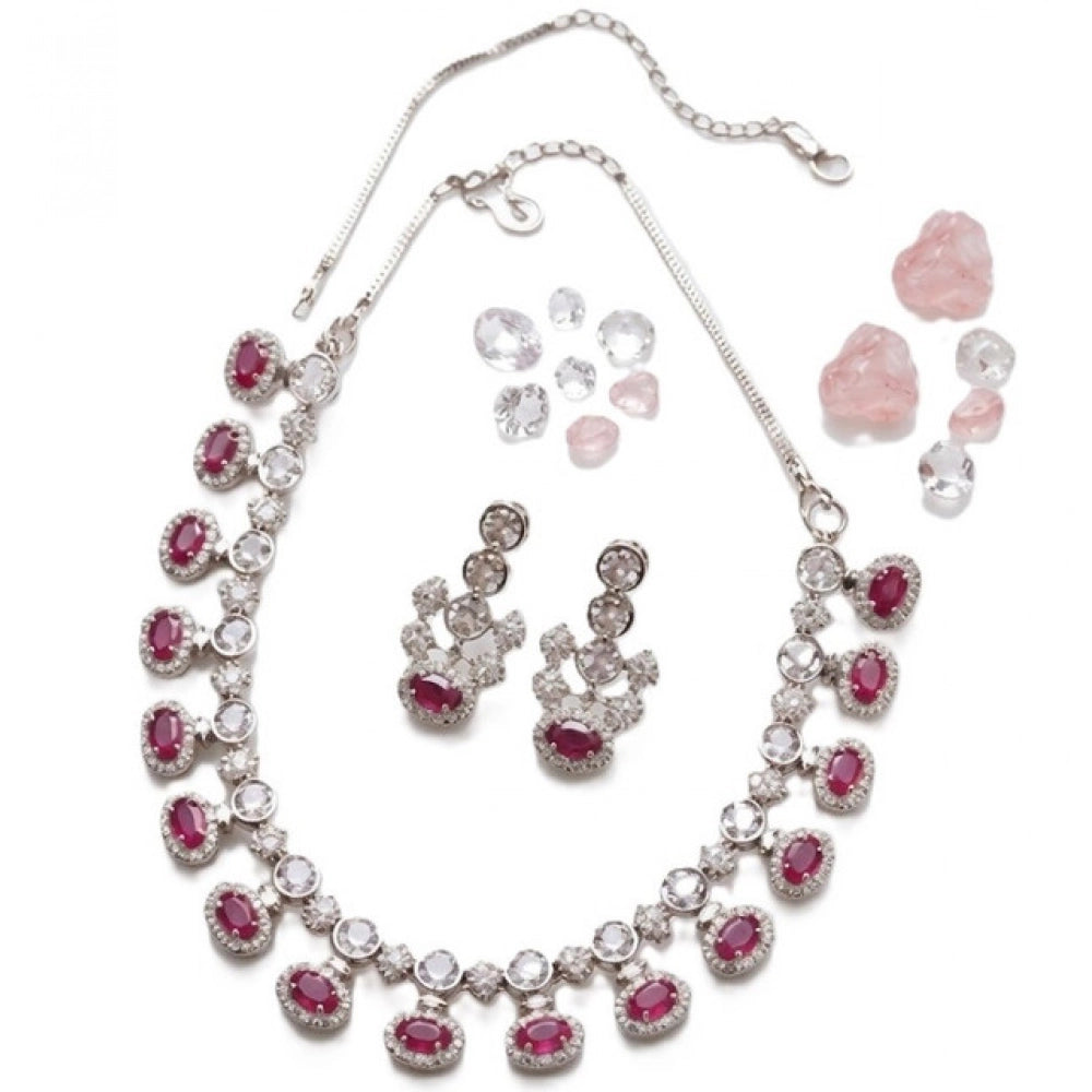 Women's Brass Silver Plated Necklace Set — Pink · 2051