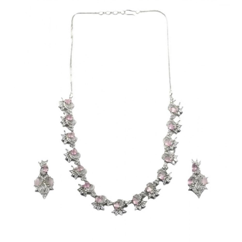Women's Brass Silver Plated Necklace Set — Pink · 2059