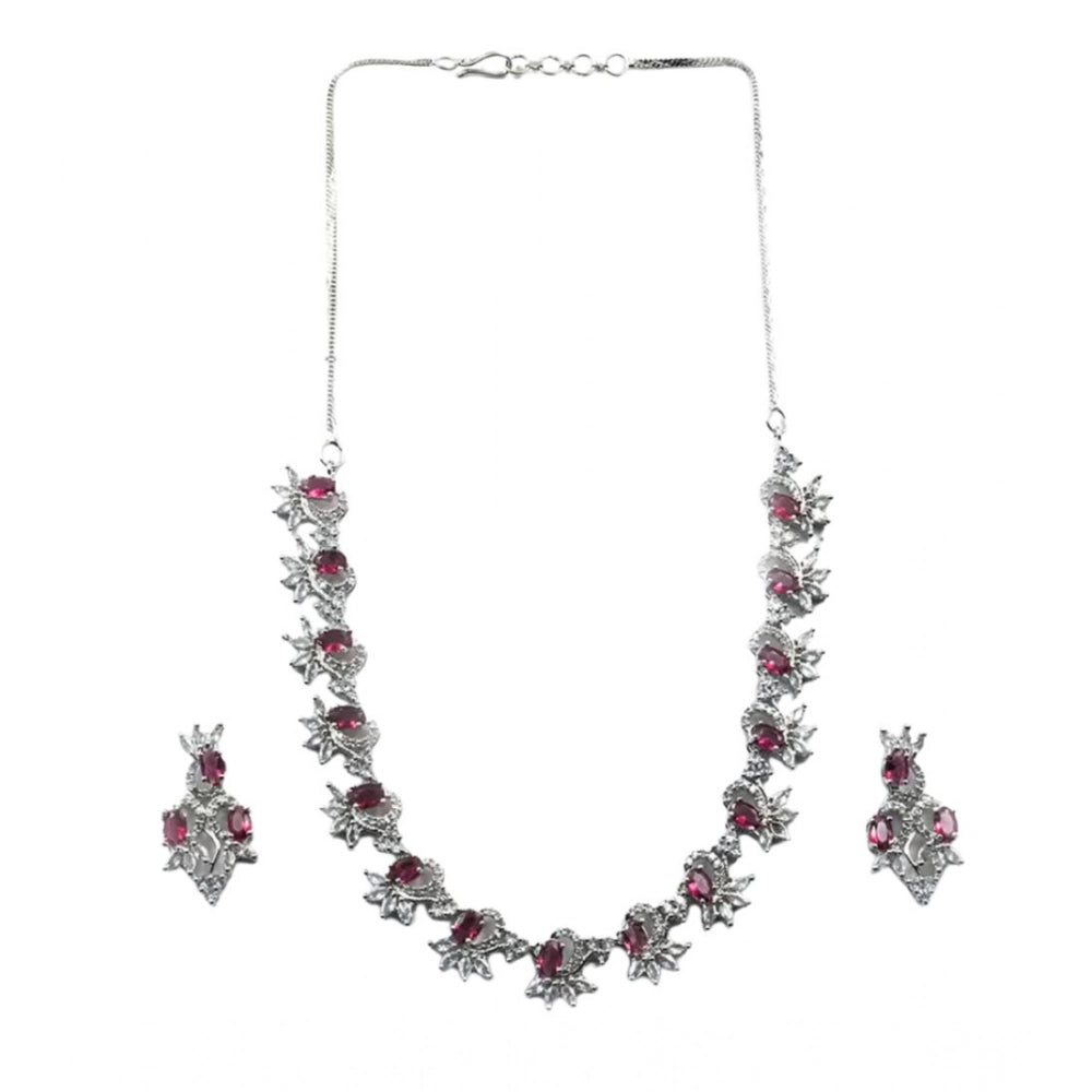 Women's Brass Silver Plated Necklace Set — Red · 2062