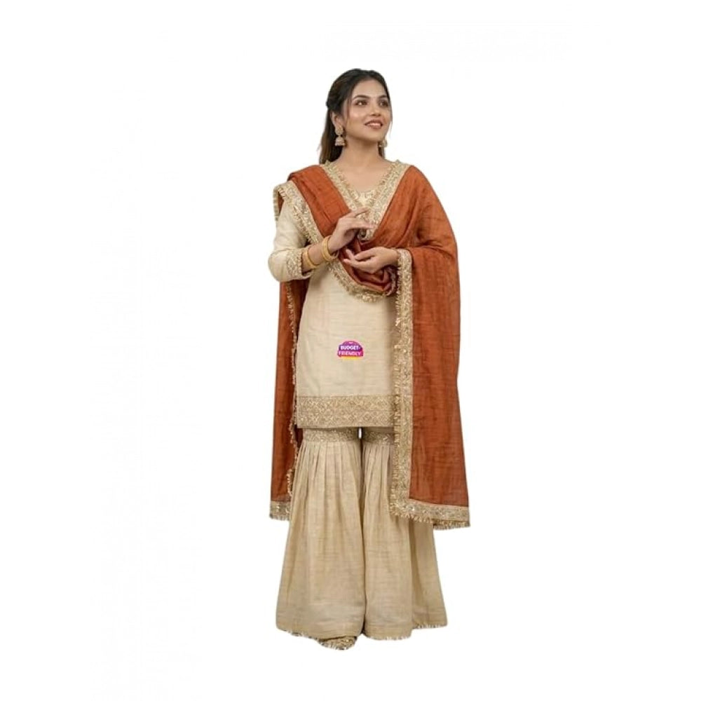 Women's Silk Embroidered 3/4th Sleeve V-Neck Kurti — Cream & Orange