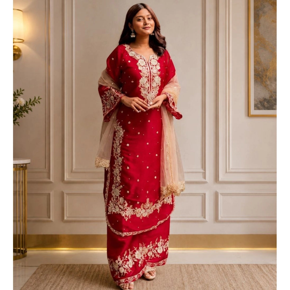 Women's Silk Embroidered 3/4th Sleeve Round Readymade Kurti — Red