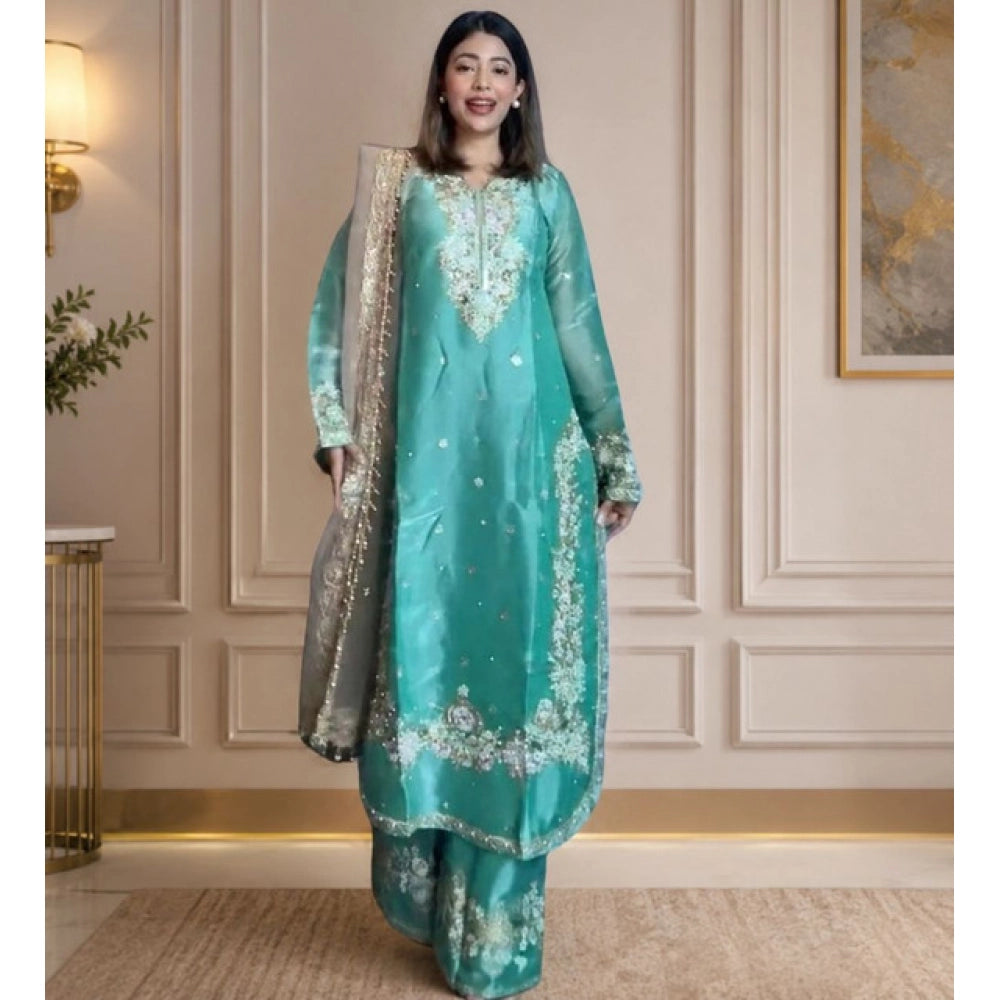 Women's Silk Embroidered 3/4th Sleeve Round Readymade Kurti — Sea Green