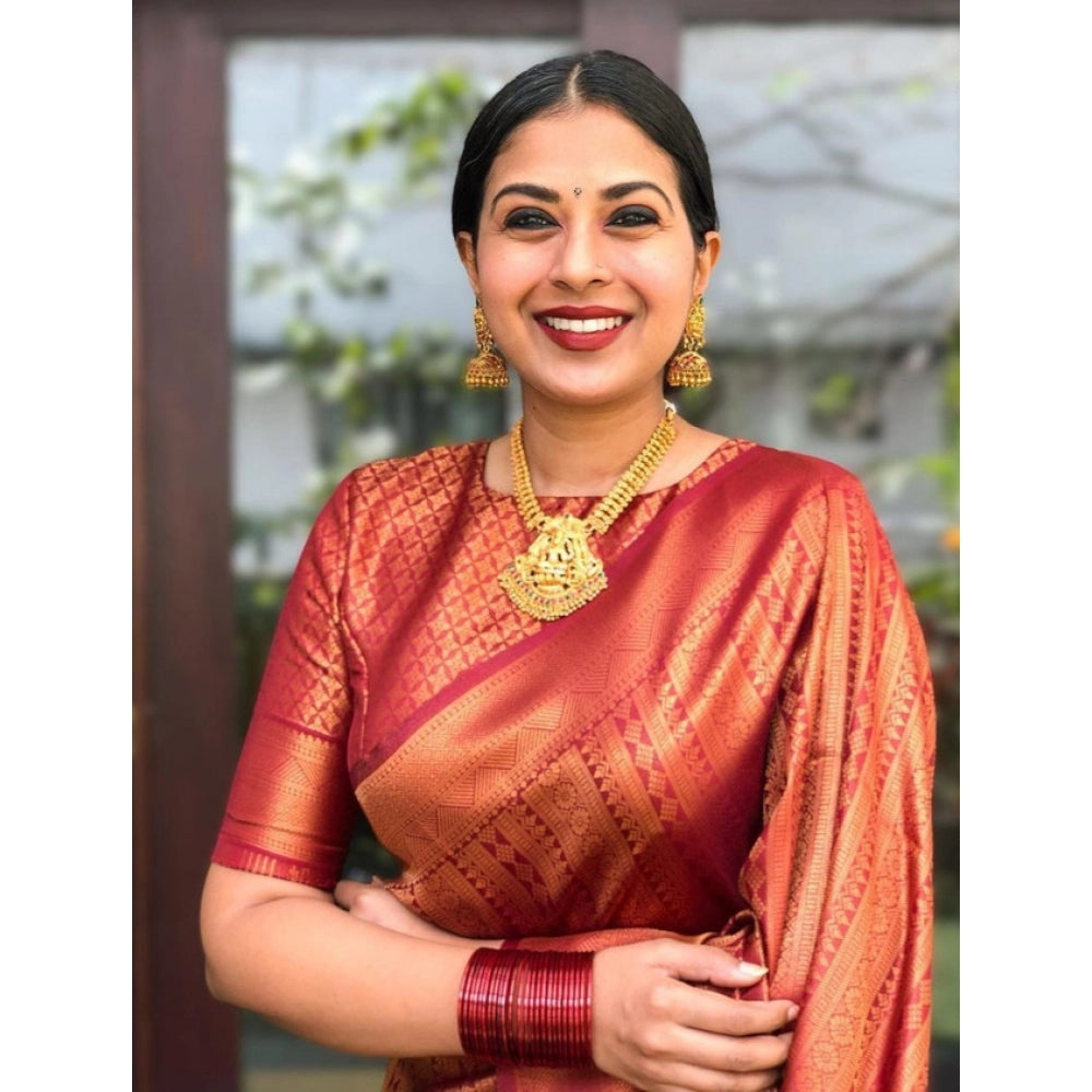 Women's Litchi Silk Printed Saree — Red · _RED