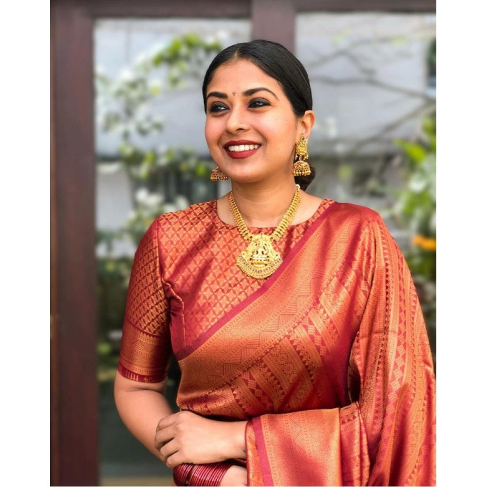 Women's Litchi Silk Printed Saree — Red · _RED