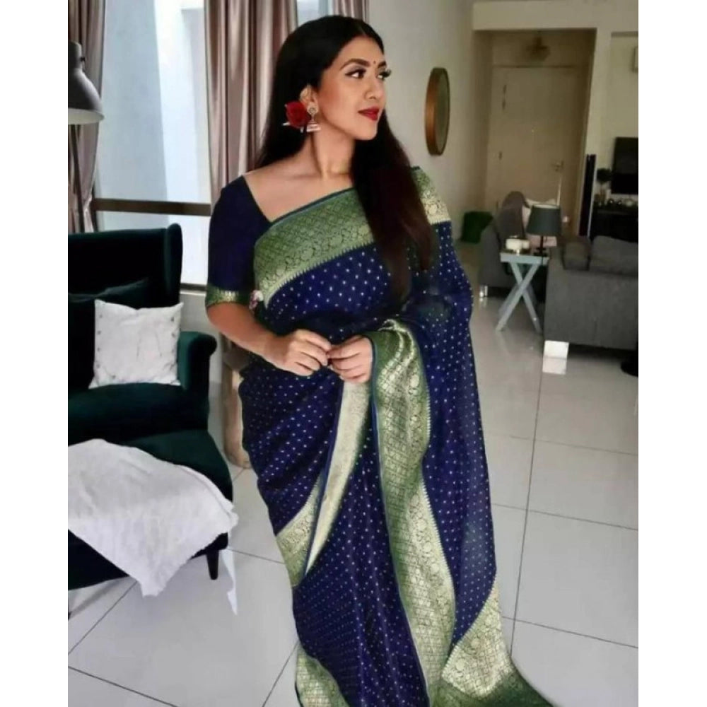 Women's Litchi Silk Printed Saree — Blue · BLUE