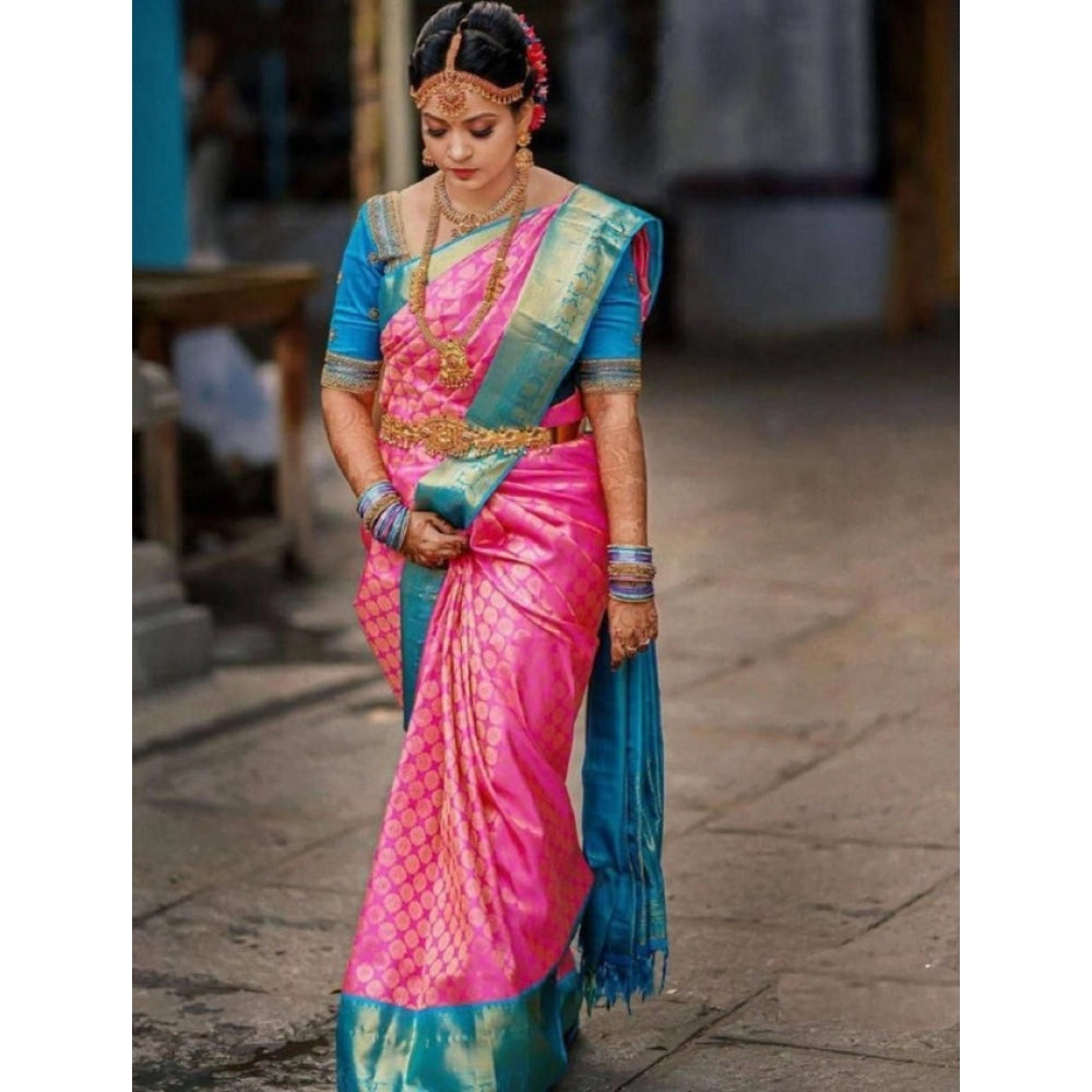 Women's Litchi Silk Printed Saree — Pink · PINK