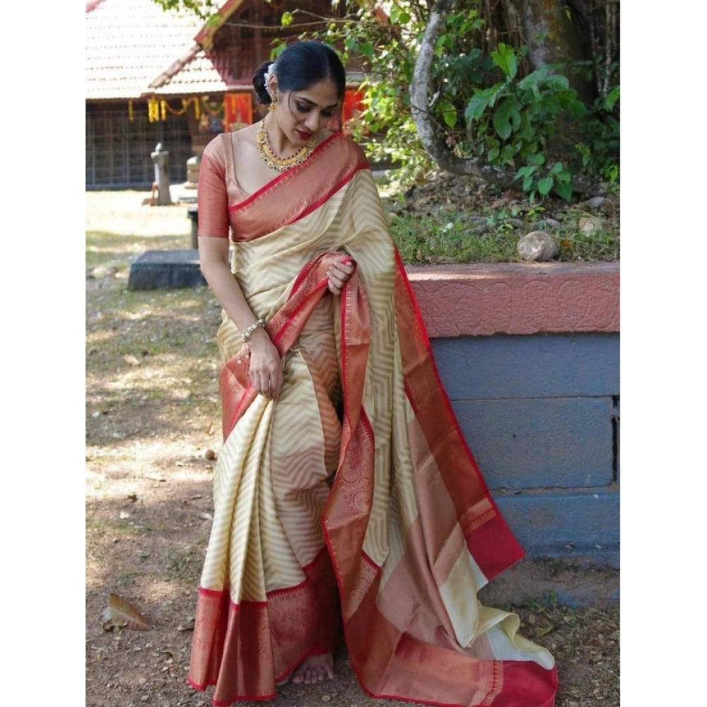 Women's Litchi Silk Printed Saree — Beige · EIGE