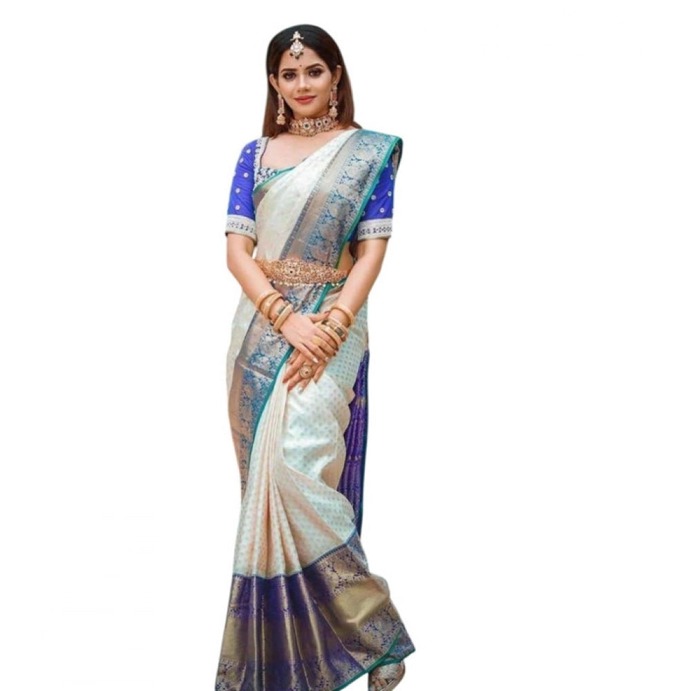 Women's Litchi Silk Printed Saree — Off White
