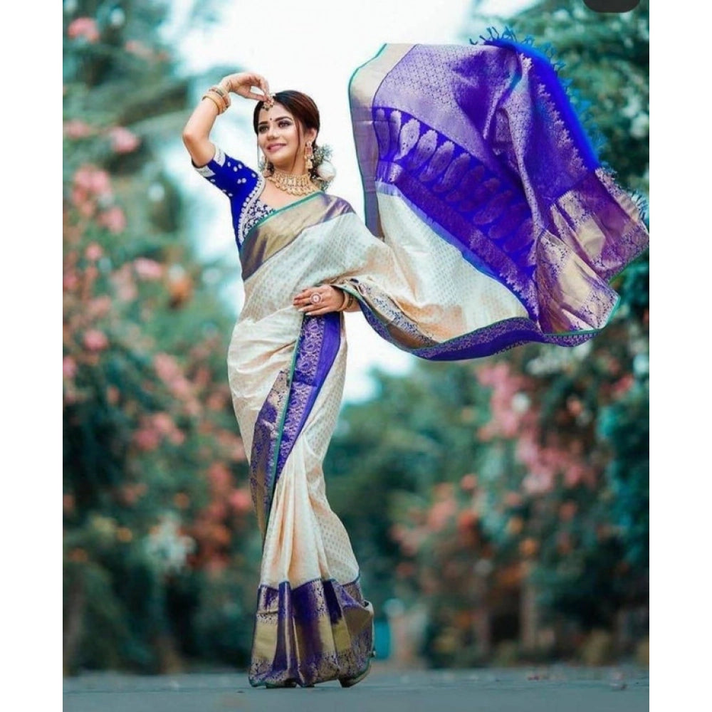 Women's Litchi Silk Printed Saree — Off White