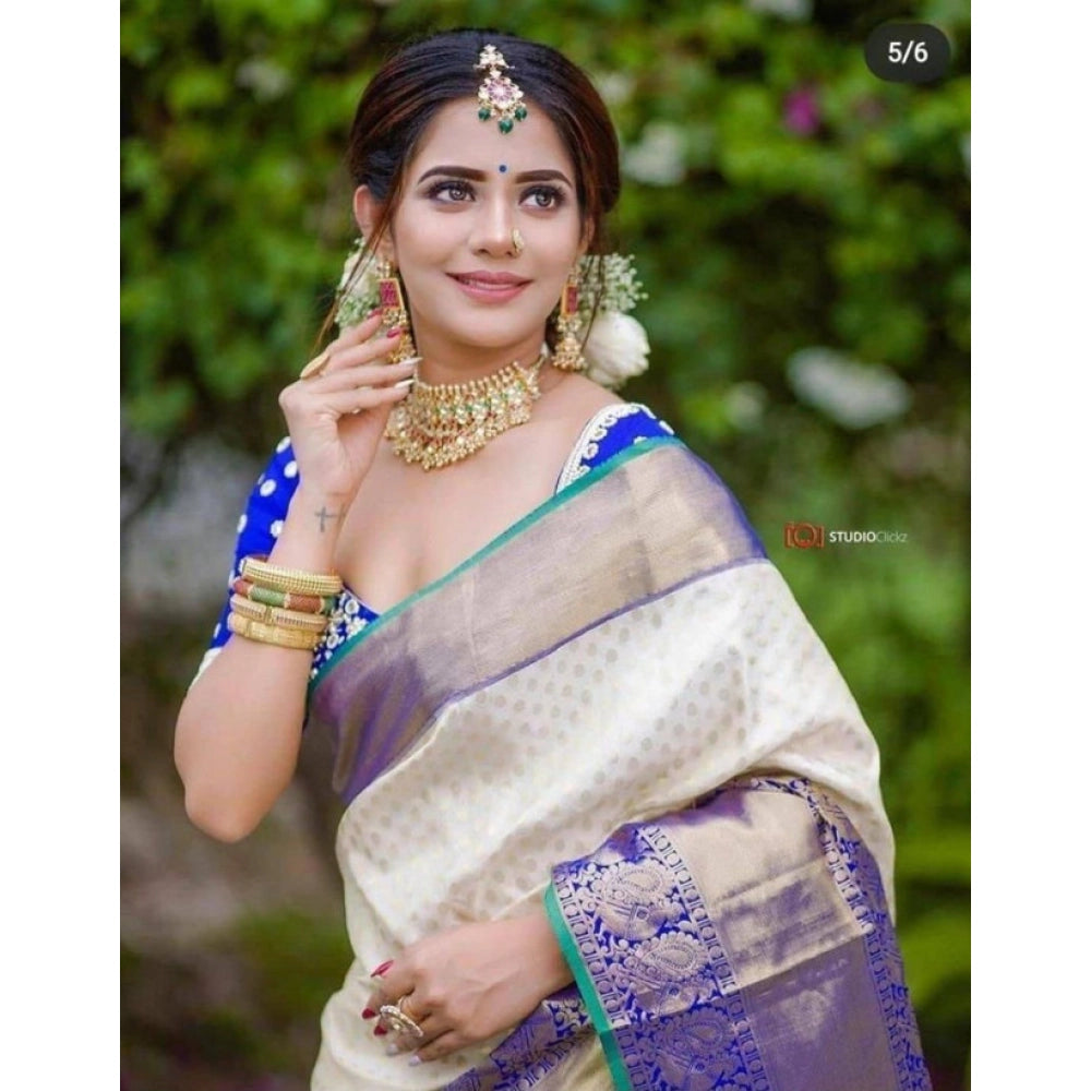 Women's Litchi Silk Printed Saree — Off White