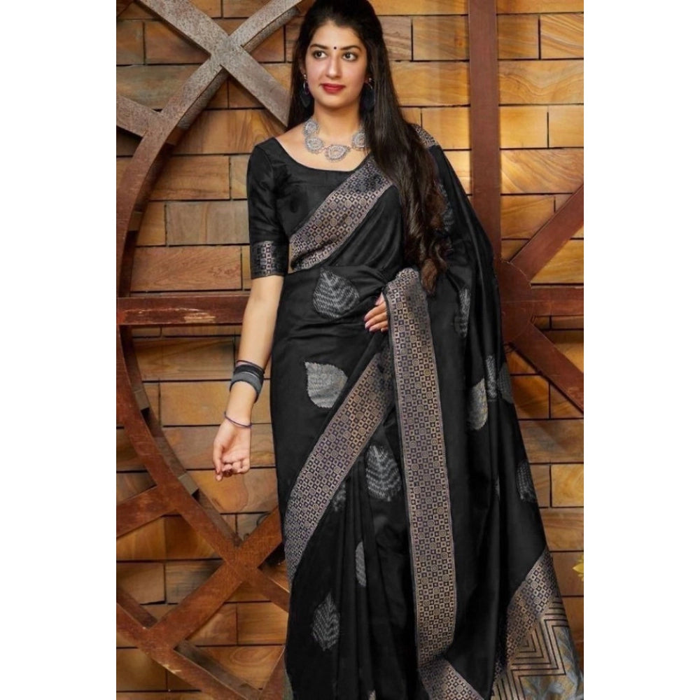 Women's Litchi Silk Printed Saree — Black · LACK