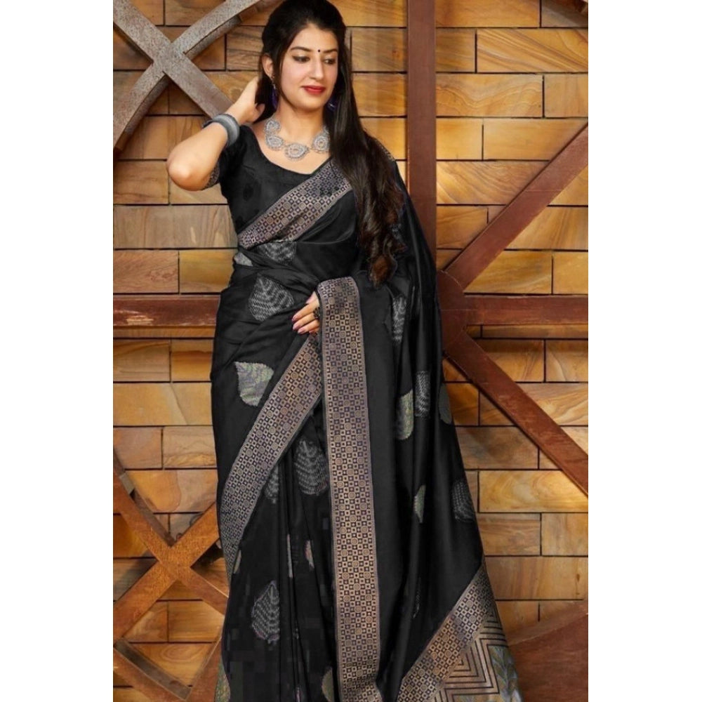 Women's Litchi Silk Printed Saree — Black · LACK