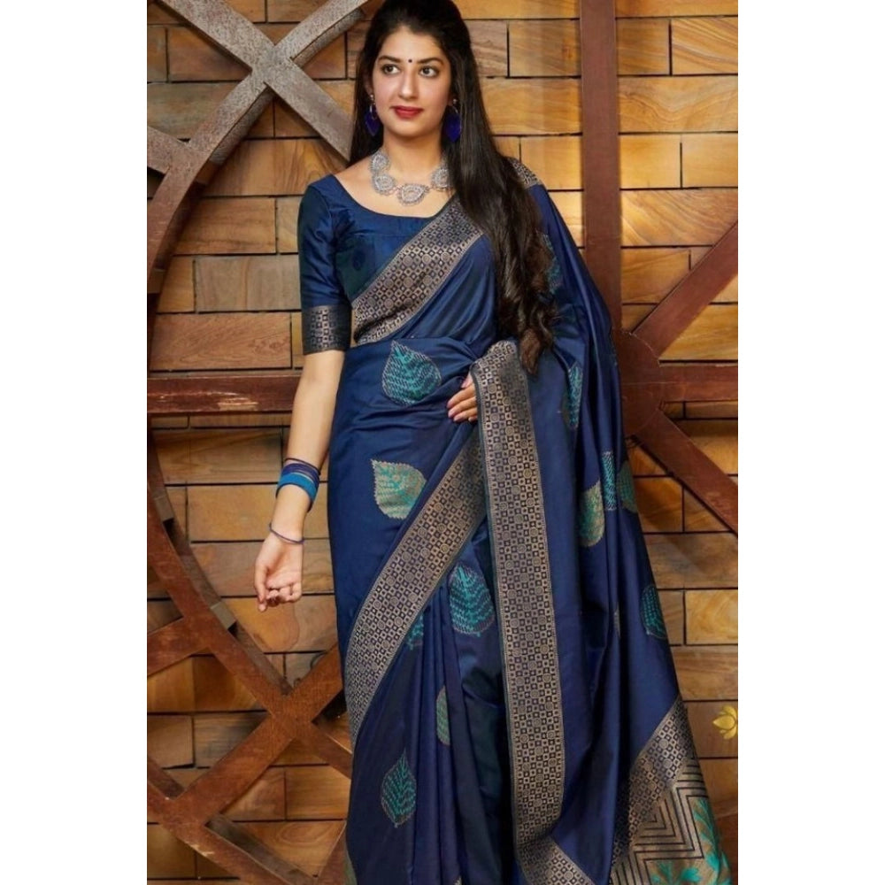 Women's Litchi Silk Printed Saree — Blue · BLUE