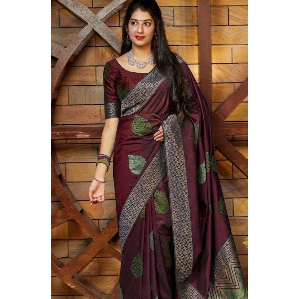 Women's Litchi Silk Printed Saree — Maroon · ROON