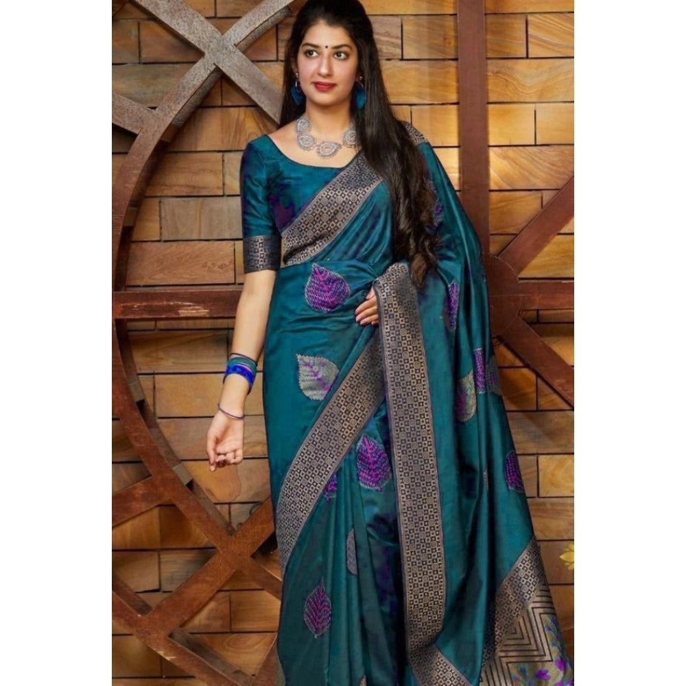 Women's Litchi Silk Printed Saree — Rama Blue · RAMA