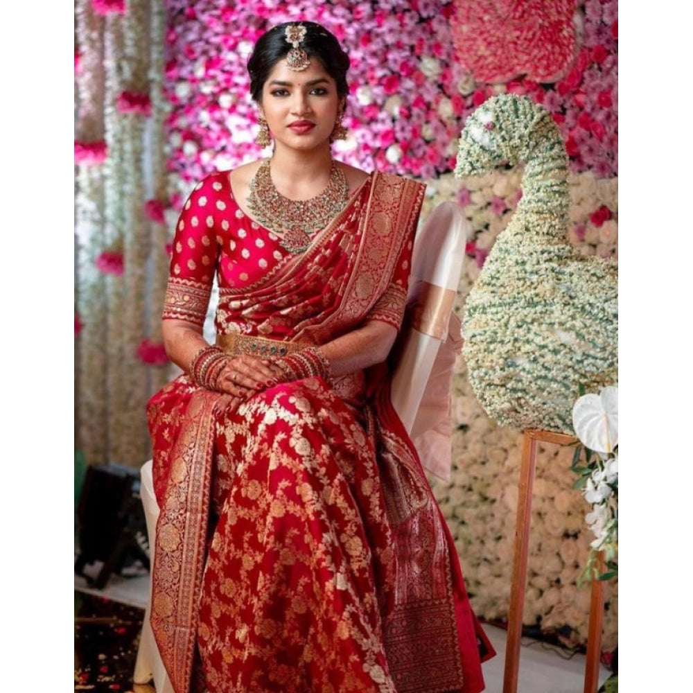Women's Litchi Silk Printed Saree — Red · _RED