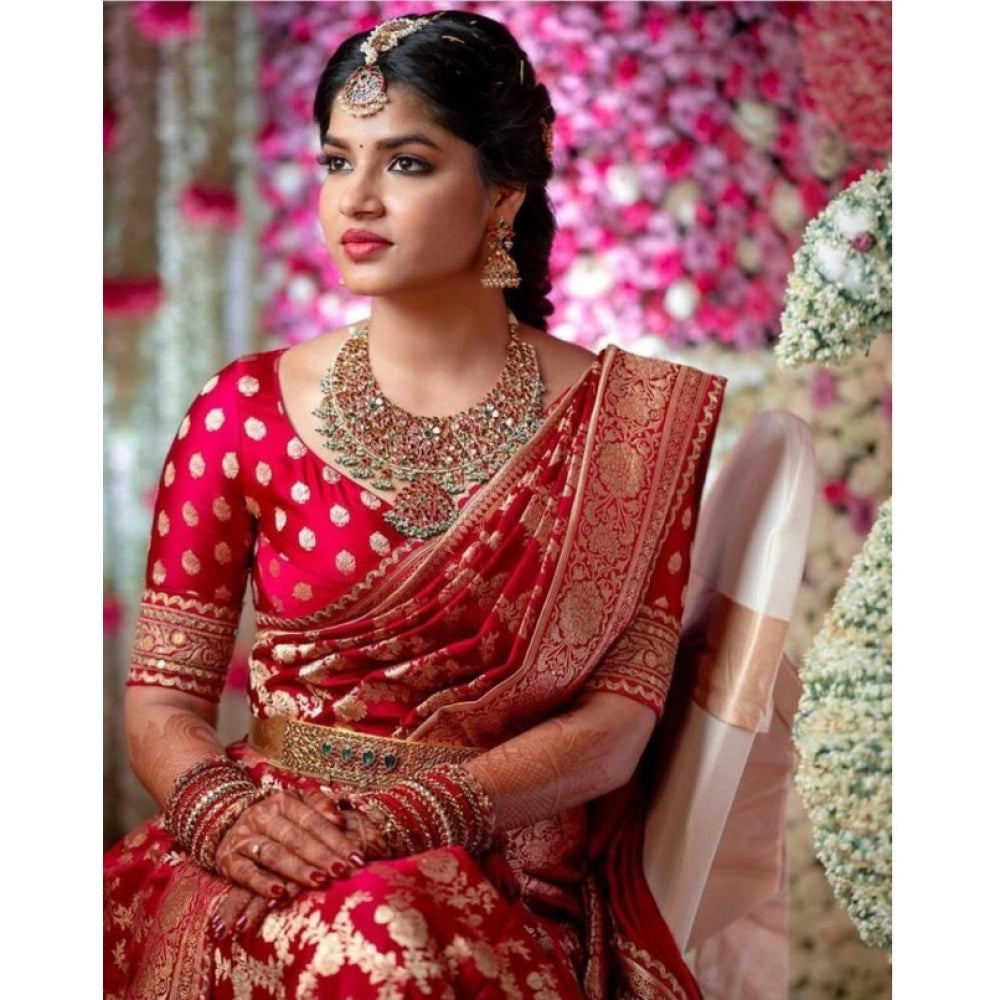 Women's Litchi Silk Printed Saree — Red · _RED