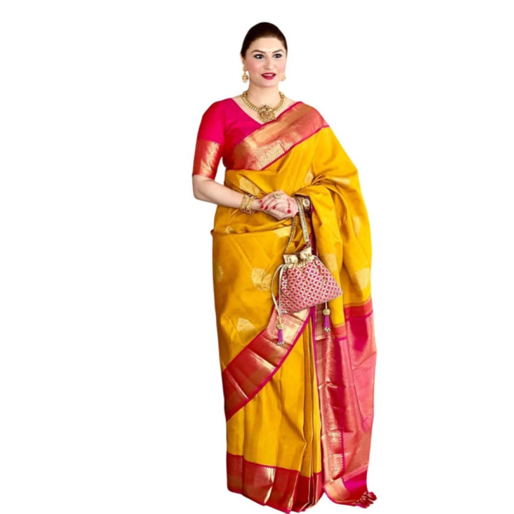 Women's Litchi Silk Printed Saree — Yellow · LLOW