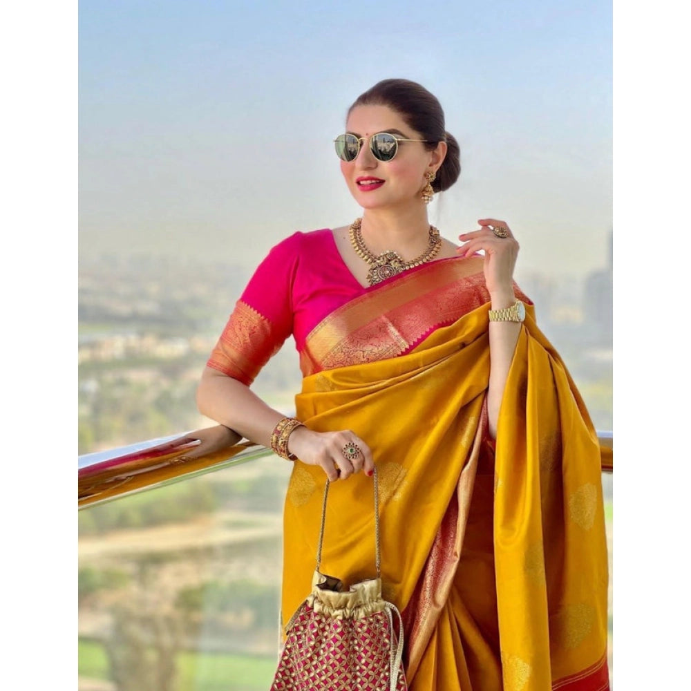 Women's Litchi Silk Printed Saree — Yellow · LLOW