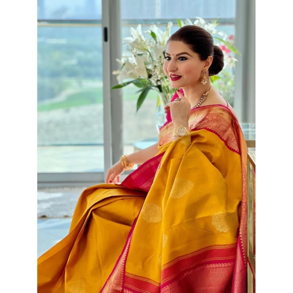 Women's Litchi Silk Printed Saree — Yellow · LLOW