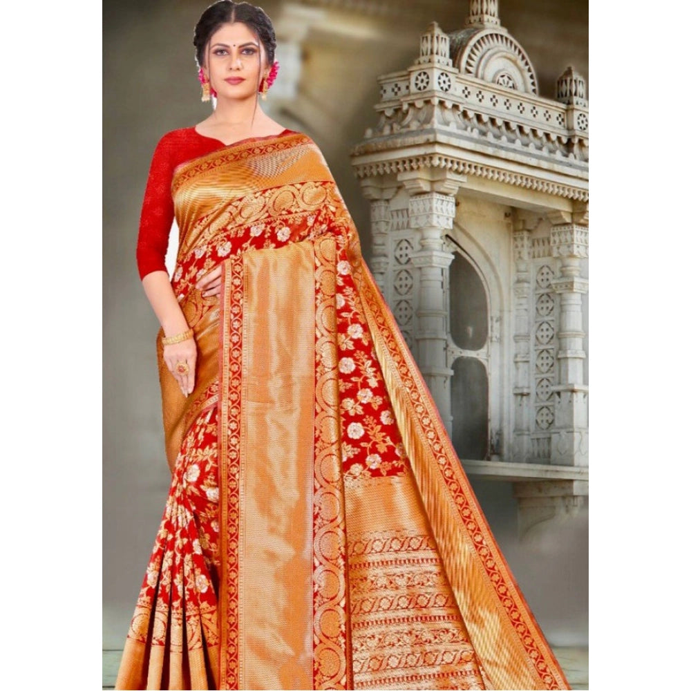 Women's Litchi Silk Printed Saree — Red · _RED