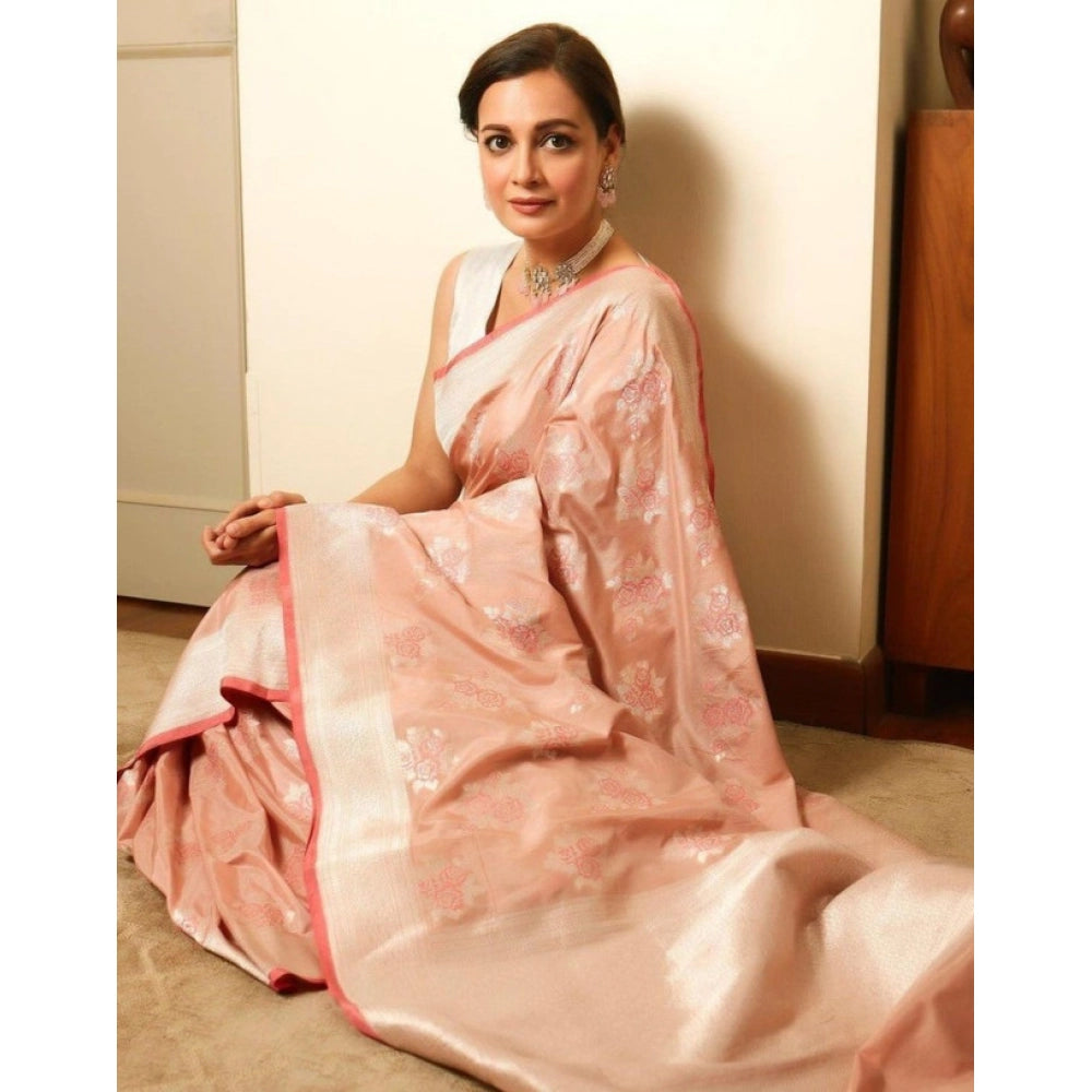 Women's Litchi Silk Printed Saree — Peach · EACH