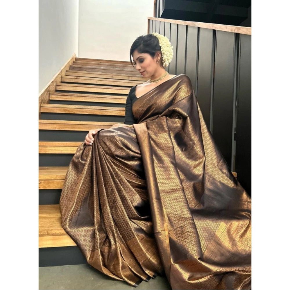 Women's Litchi Silk Printed Saree — Gold · GOLD