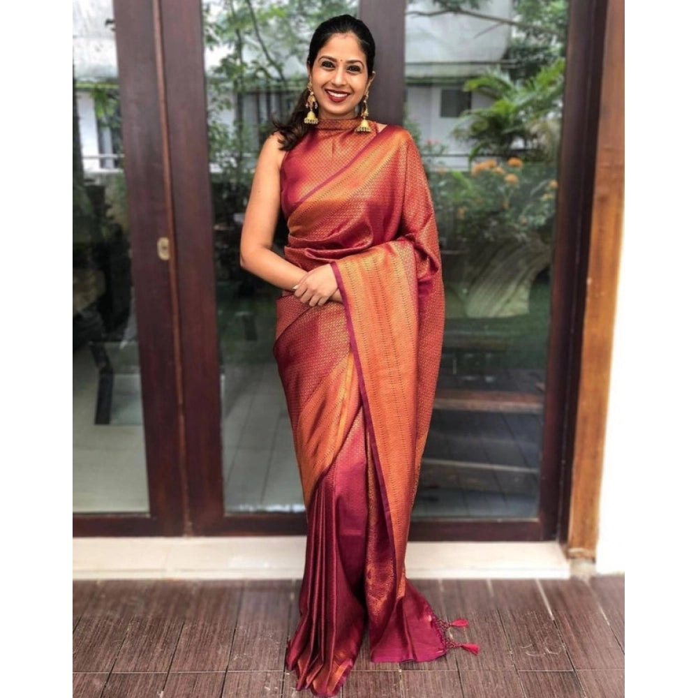 Women's Litchi Silk Printed Saree — Red · _RED