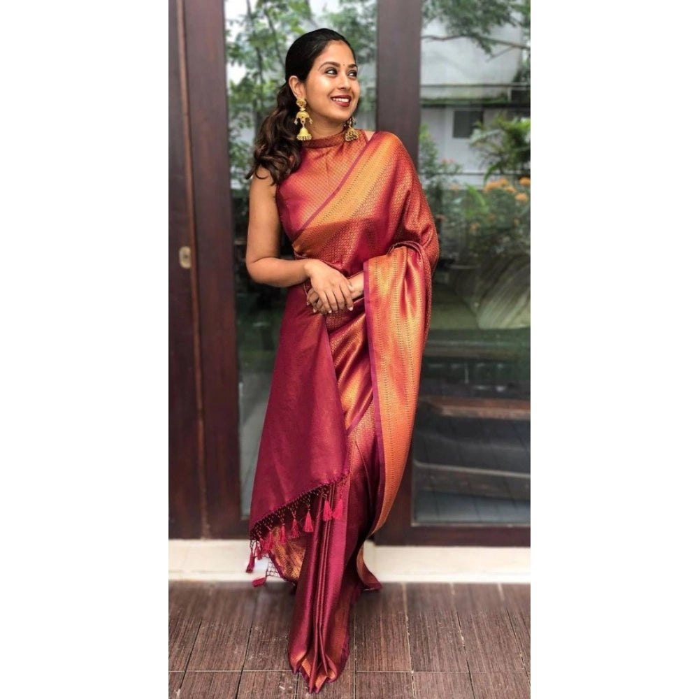 Women's Litchi Silk Printed Saree — Red · _RED