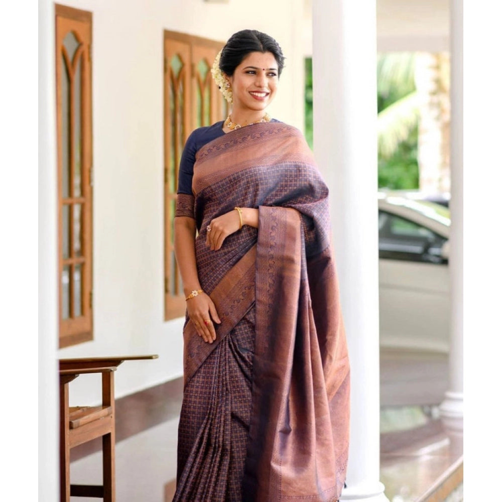 Women's Litchi Silk Printed Saree — Navy Blue · BLUE