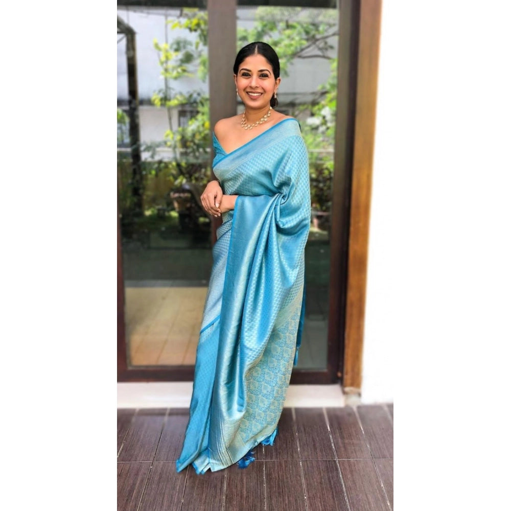 Women's Litchi Silk Printed Saree — Sky Blue