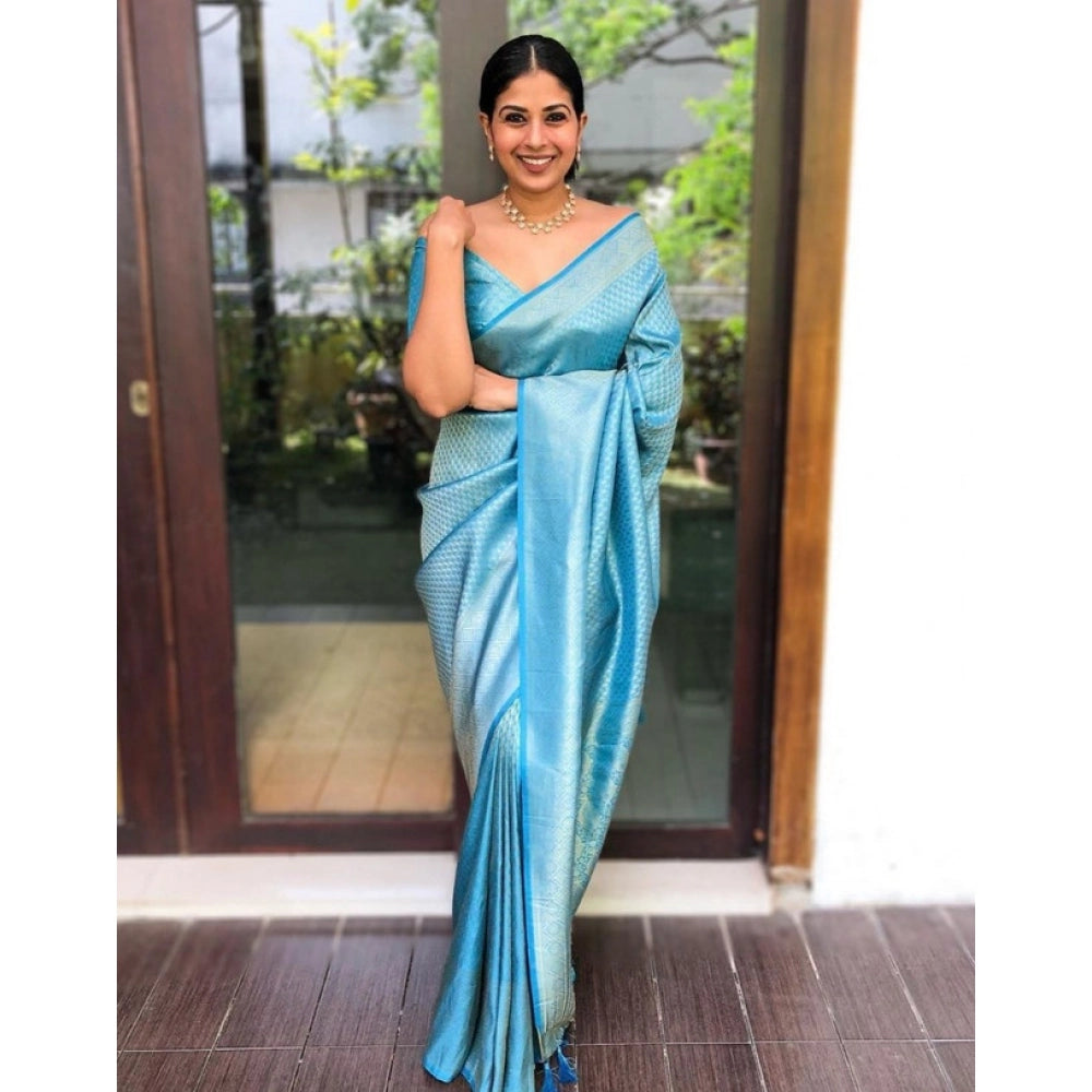 Women's Litchi Silk Printed Saree — Sky Blue