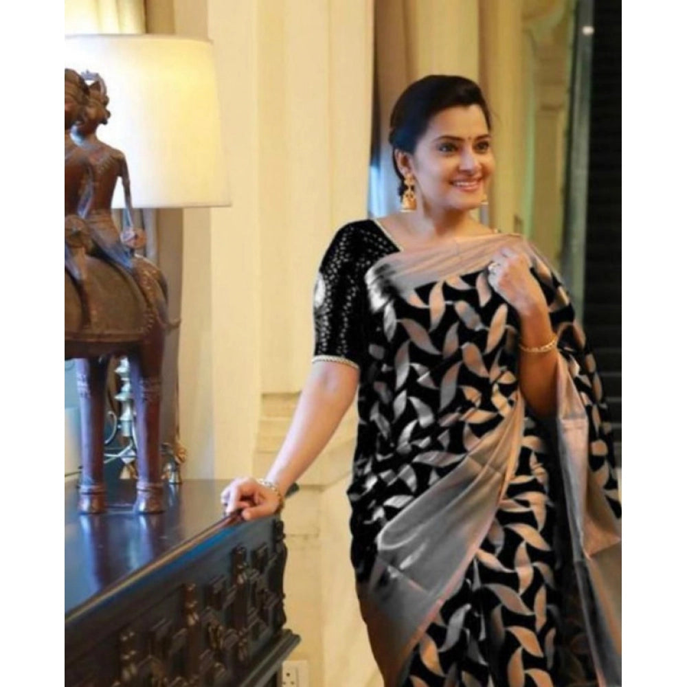 Women's Litchi Silk Printed Saree — Black · LACK
