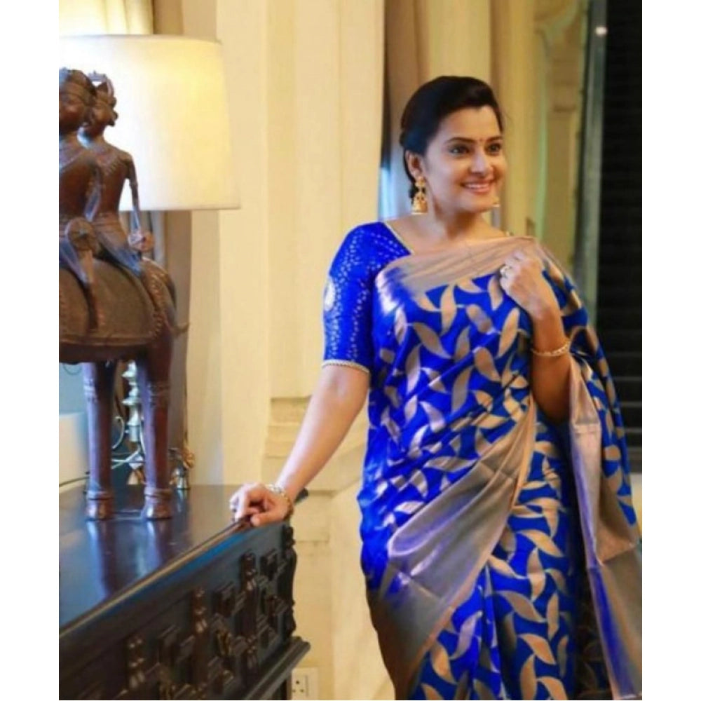 Women's Litchi Silk Printed Saree — Blue · BLUE